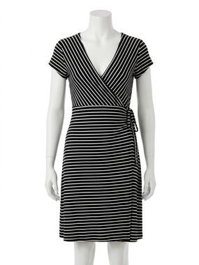 Motherhood Maternity Striped Faux Wrap Dress Black White Office Core Size S